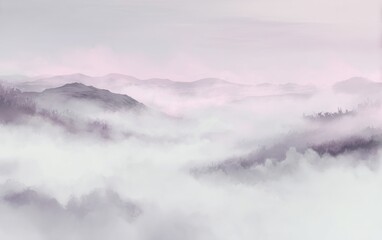 이른 아침 안개에 둘러싸인 산맥의 신비로운 풍경을 담은 수채화 스타일의 배경으로 분홍색과 보라색의 부드러운 파스텔 색조가 어우러져 평화롭고 고요한 분위기를 연출하는 아름다운 자연 일러스트레이션입니다.