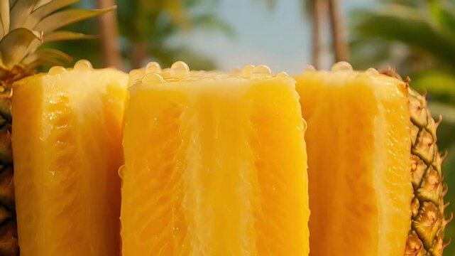 Detailed macro slider shot of fresh pineapple skin and juicy slices with water droplets in tropical sunlight