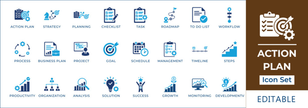 Action plan icon set featuring business strategy, project roadmap, task management, workflow process, productivity tracking, goal achievement, and strategic planning symbols.