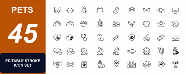 Pets web icons in line style. Cat, rabbit, bird, paw, food, dog, fish, logotype, pictogram, symbol, puppy, vet, care, domestic, flat, animal, thin, icon, graphic, line, zoo, pet. Vector illustration. © Icons studio