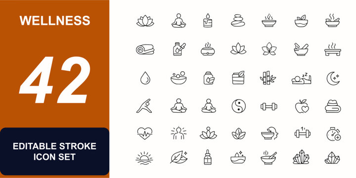 Wellness web icon set in line style. Spa, lifestyle, herbal therapy, towel, yoga, body care, sleep, lotus, spiritual symbol, healthy practice, pictogram, meditation. Editable stroke. Vector.