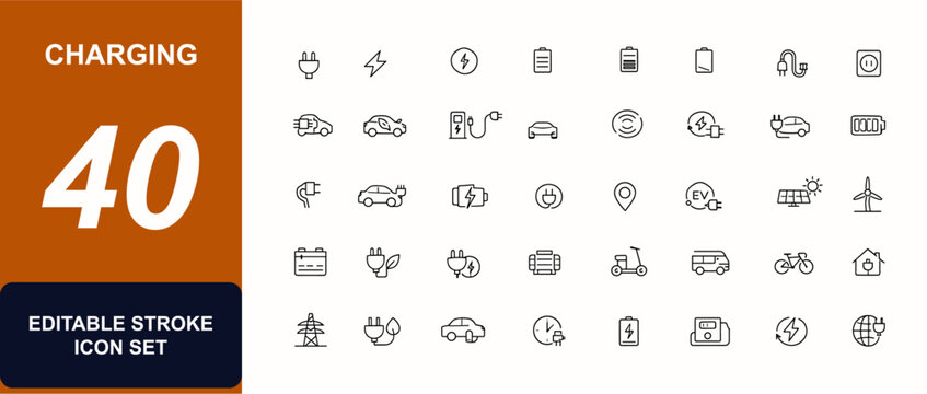 Charging web icons in line style. Plug, hybrid car, wireless energy, electric vehicle, power cable, battery level, recharge point, eco transport. Editable stroke. Vector illustration.