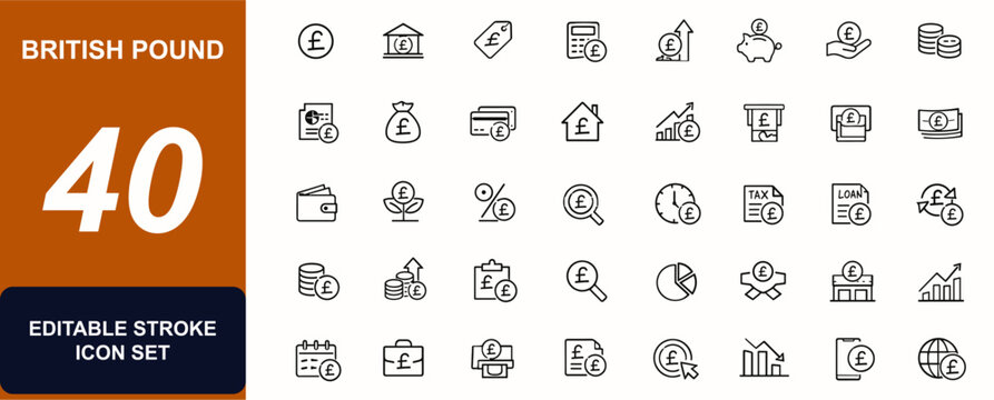 British Pound Sterling web icon set. Banking, price tag, budget planning, profit, piggy bank, loan, coins, financial report, ATM, currency, investment, shop, income, tax. Vector illustration.