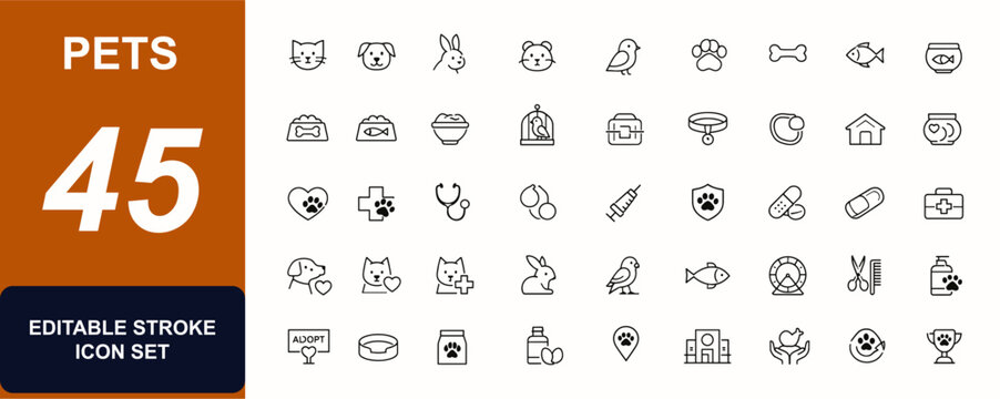 Pets web icons in line style. Cat, rabbit, bird, paw, food, dog, fish, logotype, pictogram, symbol, puppy, vet, care, domestic, flat, animal, thin, icon, graphic, line, zoo, pet. Vector illustration.