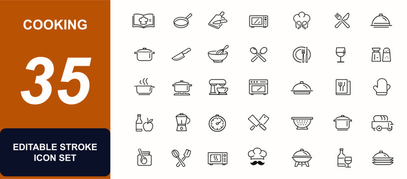 Cooking web icons in line style. Recipe book, frying pan, chopping board, microwave, chef tools, timer, fork, utensil, eatery, pot, kitchen, knife, service, dish. Editable stroke. Vector illustration.