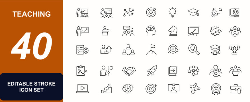 Teaching web icons in line style. Lecture, classroom, strategy, training, inspire, student, development, skills, leadership, cognition, seminar, team, icon, goal. Editable stroke. Vector illustration.