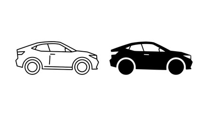 Fototapeta premium A contemporary hatchback car depicted in both outline and solid black icon styles, ideal for vehicle concepts.