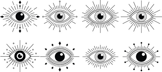 Mystical eye illustrations, spiritual symbols, crescent moon, stars, geometric shapes, awareness, perception, vision, artistic design, decorative, mystical art, magic © MD SAHIDUL