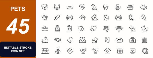 Pets web icons in line style. Puppy, bone, cat, care, bird, veterinary, cute animal, fish, rabbit, pet symbol, dog, character, food, chick, outline set. Editable stroke. Vector illustration. © Icons studio