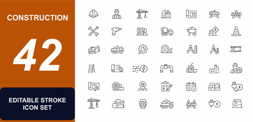 Construction web icons in line style. Engineer tools, building site, crane, road works, safety helmet, repair equipment, industrial business set. Editable stroke. Vector illustration. © JIm Studio
