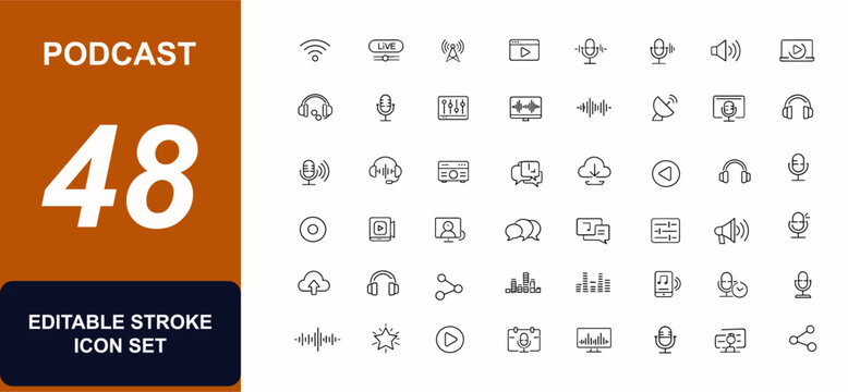 Podcast web icons in line style. Radio signal, webcast stream, studio setup, speaker sound, digital broadcast, microphone voice, audio show, entertainment. Editable stroke. Vector illustration.