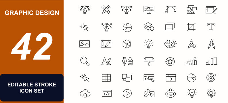 Graphic design web icons in line style. Tools, creativity, software, layout, vector, drawing, pencil, infographic, tablet, interface, concept, icon, art, design set. Vector illustration.