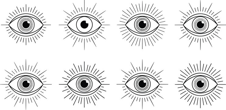 Mystical eye icons, spiritual symbols, crescent moon, star heart iris, decorative rays dots, geometric shapes, tattoo style vector illustration
