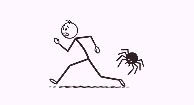 Stick Figure Running Away From Spider in Panic Illustration
