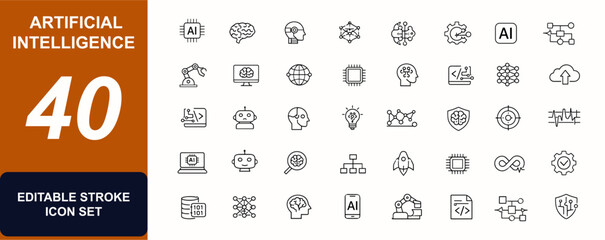 Artificial Intelligence web icons in line style. Machine learning, neural brain, robot bot, digital AI, automation, smart system set. Editable stroke. Vector illustration. © Icons studio