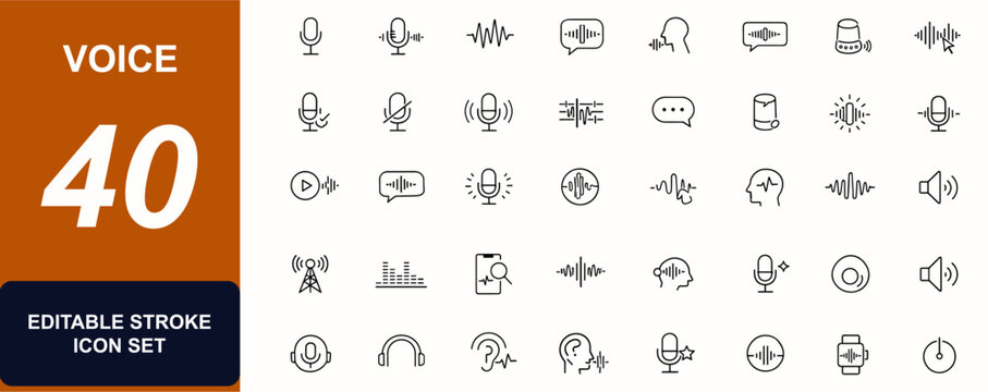 Voice web icons in line style. Speech recognition, sound wave, voice command, audio message, microphone, digital assistant, speech control set. Editable stroke. Vector illustration.