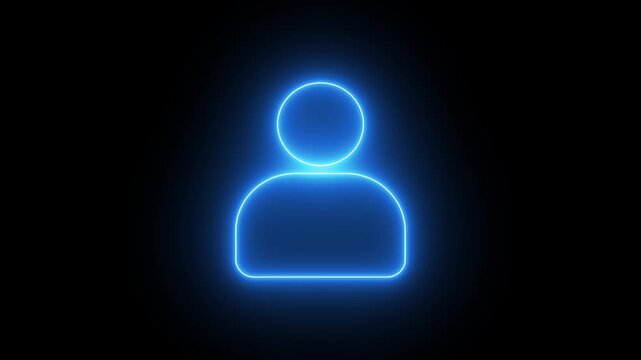 Blue neon user profile icon glowing on a dark black background, featuring a minimalist luminous outline for digital identity and technology interface concepts.