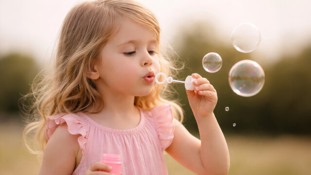 Little girl blowing soap bubbles outdoors in warm sunset light enjoying carefree childhood moment