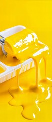 Yellow paint roller is dripping paint onto a white tray