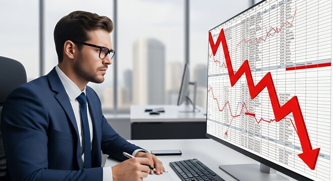 Professional man reviewing spreadsheet with dramatic red downward trend arrows tense expression