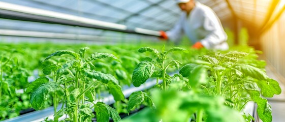 Man is tending to a garden of green tomatoes