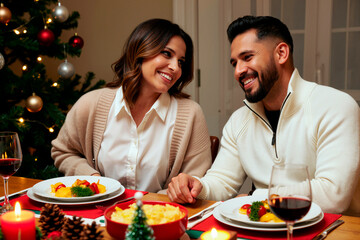 Fototapeta premium Caucasian woman and Hispanic man sitting at festive dinner table smiling and holding hands, celebrating holiday meal together with decorated Christmas tree and food in background