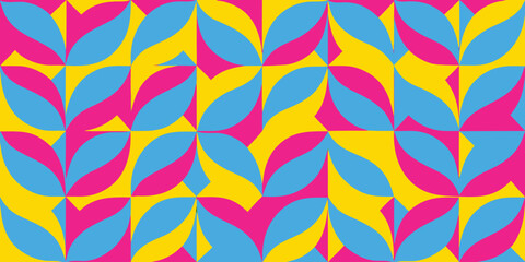 Vibrant pop art geometric pattern with bold leaf shapes in bright yellow pink and cyan blue colors for energetic summer fashion prints and playful kids room wallpaper backgrounds © SaHeD