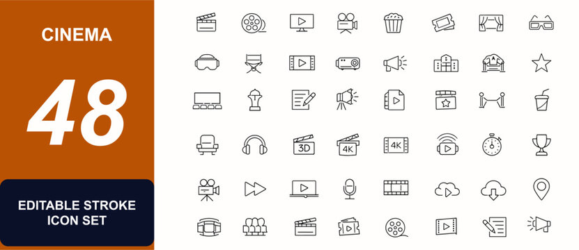 Cinema web icons in line style. Movie theater, popcorn bucket, film reel, video playback, 3D cinema, VR goggles, entertainment, media, cinema set. Editable stroke. Vector illustration.