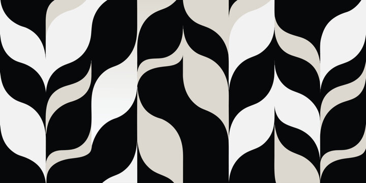 Minimalist monochrome leaf pattern featuring fluid black and white organic shapes in vertical rows for contemporary textile print and elegant interior wallpaper design compositions
