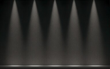 어두운 질감의 검정색 벽면을 배경으로 다섯 개의 밝은 화이트 스포트라이트가 수직으로 내리쬐어 공연이나 전시를 위한 세련된 무대 분위기를 연출하는 배경 이미지입니다.