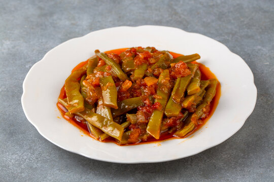 Traditional delicious Turkish food; Green beans with olive oil; Turkish name; Zeytinyagli taze fasulye
