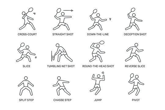 set of twelve hand drawn badminton player movement and shot icons in line art style for sports illustration