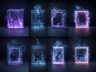 어두운 배경 위에 보라색과 파란색 네온 조명으로 빛나는 사각형 유리 프레임과 그 내부에서 소용돌이치며 피어오르는 신비롭고 몽환적인 연기 효과를 표현한 추상적인 3D 렌더링 그래픽 세트입니다.