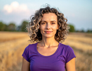 mujer agricultora con camisa morada mirando en campo de cultivo, concepto de liderazgo femenino mujer trabajadora, trabajo rural independencia y éxito en el dia internacional de la mujer