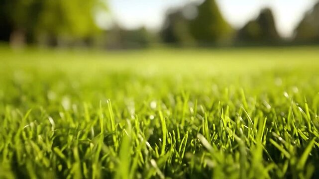 Vibrant green grass blades thrive under the bright sun in a lush outdoor park