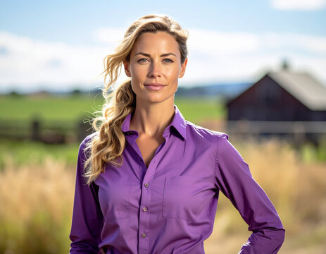 mujer agricultora con camisa morada mirando en campo de cultivo, concepto de liderazgo femenino mujer trabajadora, trabajo rural independencia y &eacute;xito en el dia internacional de la mujer