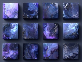 보라색과 푸른색의 우아한 알코올 잉크 유동 예술이 담긴 12개의 정사각형 타일이 어두운 배경 위에 정렬되어 있는 현대적이고 감각적인 추상 배경 이미지입니다.