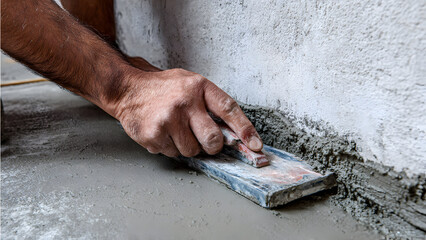 Hyper realistic macro shot of worker&rsquo;s hand pressing crack injection port into drilled hole on concrete wall, preparing for resin injection