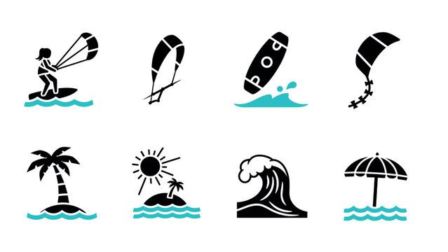 set of hand drawn water sports equipment and tropical beach icons including kite surfing windsurf wave palm island and umbrella