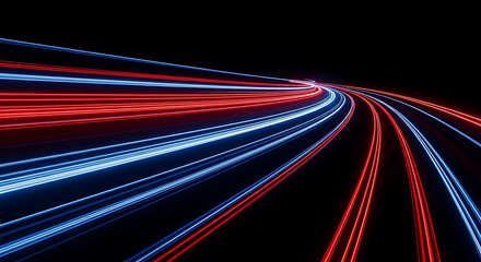 Dynamic Light Trails: Abstract streams of vibrant red and blue light trace a winding path against a dark expanse, conjuring a sense of speed, technological innovation, and futuristic movement.