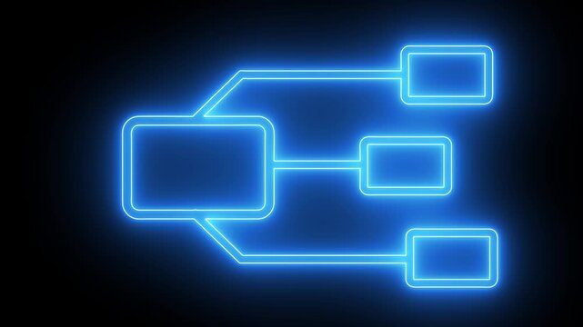 Blue neon organizational chart icon with multiple nodes on a black background, representing a complex futuristic data structure and digital networking system.