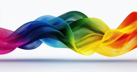 하얀색 배경 위에 부드럽게 물결치며 흐르는 다채로운 무지개 색상의 실크 리본이 우아하게 꼬여 있는 추상적인 3D 그래픽 디자인으로 창의성과 역동적인 움직임을 시각적으로 아름답게 표현한 이미지입니다.