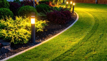 밤에 따뜻한 황금색 조명이 켜진 아름다운 정원 풍경으로 정교하게 잘 가꾸어진 초록색 잔디밭과 다양한 관목들이 조화를 이루며 아늑하고 고급스러운 분위기를 연출하는 현대적인 야외 조경 디자인의 모습입니다.