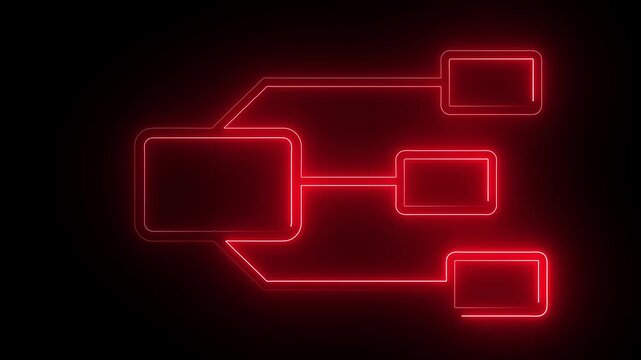 Red neon organizational chart icon with multiple nodes on a black background, showcasing an intense futuristic data structure and energetic networking system.
