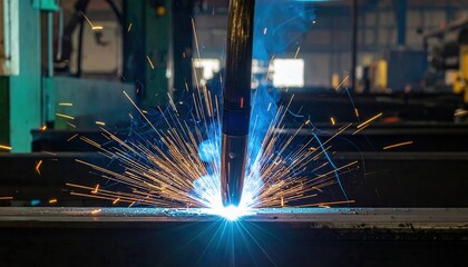 어두운 현대식 금속 가공 공장 내부에서 정밀한 로봇 용접기가 강철판을 접합하며 화려한 푸른빛 섬광과 주황색 불꽃을 사방으로 튀기는 역동적인 산업 제조 공정의 모습입니다.
