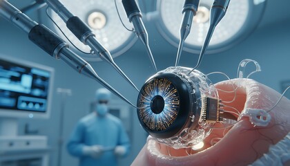 A bionic eye being carefully implanted by a surgical robot, macro shot, extreme detail on the iris and micro-circuitry, operating theater lighting.