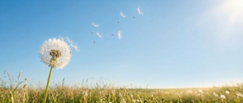Dandelion seeds blowing in the wind open field nature photography bright sunny day wide-angle view natural beauty and transience