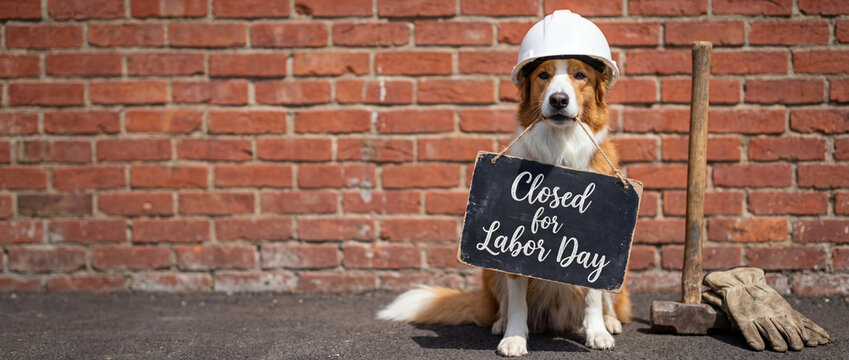 Dog holding business closure notice "Closed for Labour Day" wearing hardhat on brick wall backdrop with work gloves and sledgehammer. Panoramic banner with copy space