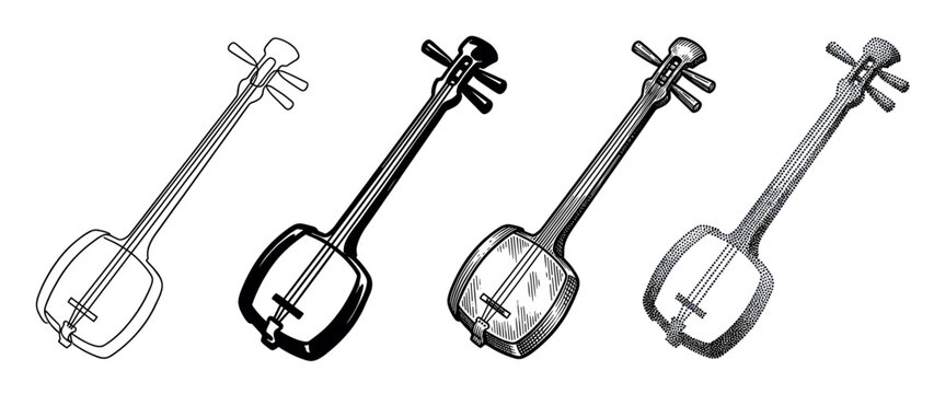 Collection of four Japanese shamisen illustrations presented in a row, showcasing a progression of artistic styles from outline to silhouette, engraving, and stippling