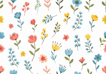 Fototapeta premium Seamless floral illustration pattern with colorful wildflowers and leaves